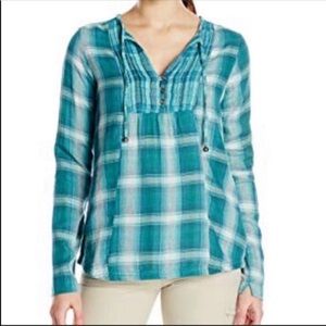 Prana Francine Top Deep Turquoise Plaid Shirt